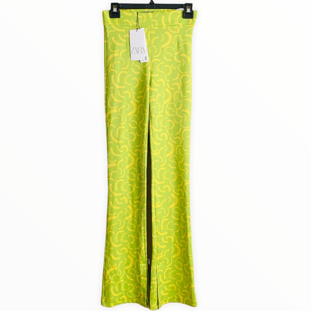 Zara NWT Lime Green & Yellow Knit Flare Jacquard Pant Size Small - Picture 4 of 9